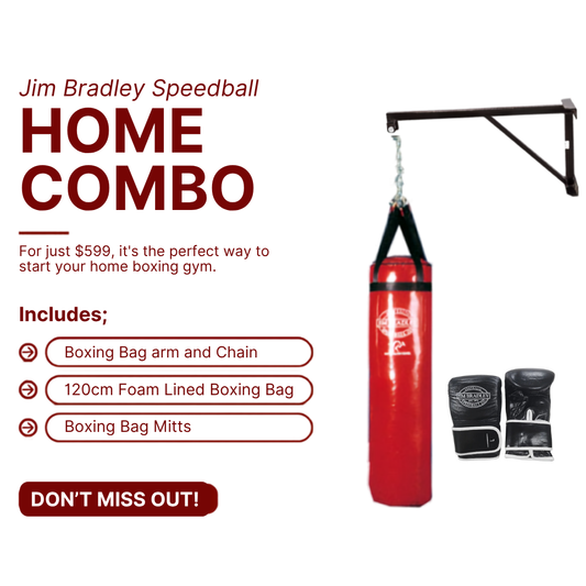 Jim Bradley Speedball Home Combo boxing set on a white background, featuring a red 120cm foam-lined punching bag hanging from a black metal arm, with black and white boxing gloves shown beside it. Text on the left lists included items and a promotional price.