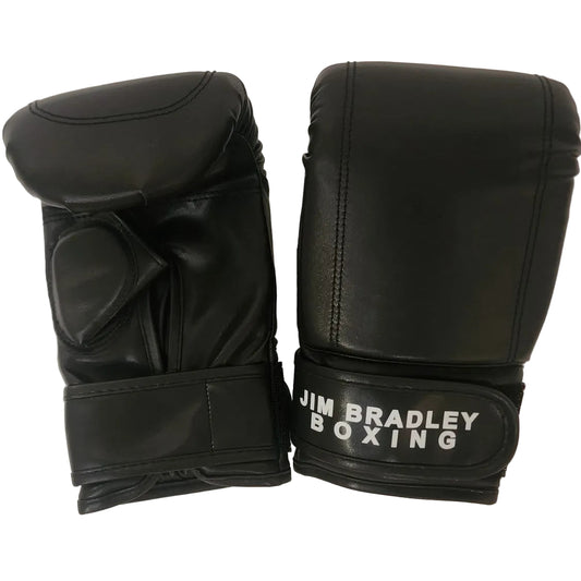 Pair of black boxing gloves with 'Jim Bradley Boxing' branding on a white background
